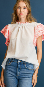 Embroidered Flutter Sleeve Blouse