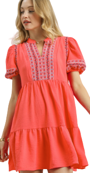 Embroidered Puff Sleeve Babydoll Dress