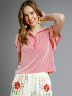 Textured Ruffle Sleeve Zip Top