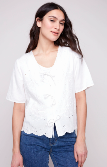 Eyelet Embroidery V-Neck Blouse with Front Ties
