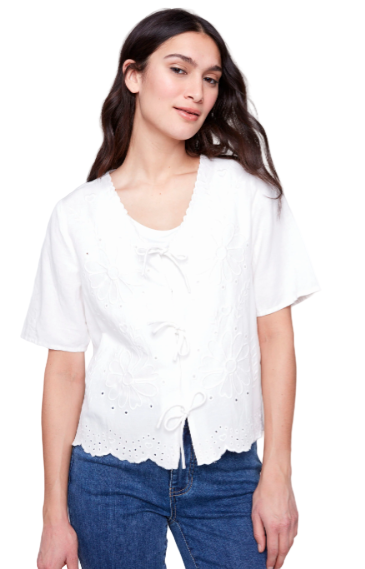 Eyelet Embroidery V-Neck Blouse with Front Ties