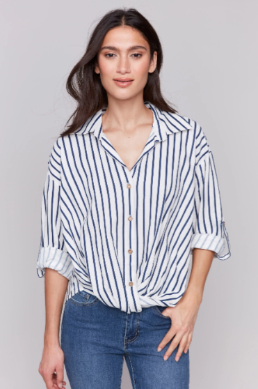 Striped Linen Blend Shirt with Front Twist Detail