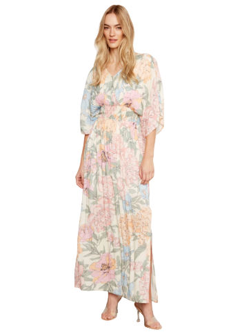 Printed Dolman Sleeve Maxi Dress with Side Slits