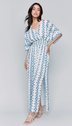 Printed Dolman Sleeve Maxi Dress with Side Slits