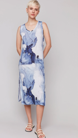 Printed Sleeveless Linen Blend Dress with Side Slits