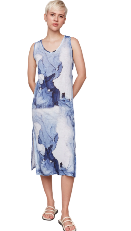 Printed Sleeveless Linen Blend Dress with Side Slits