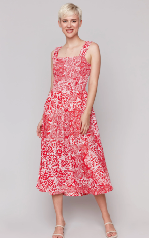 Printed Sleeveless Midi Dress with Shirring Detail