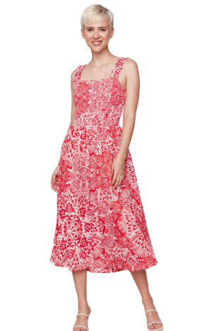 Printed Sleeveless Midi Dress with Shirring Detail