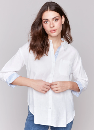 Linen Blend Drop Shoulder Shirt with Striped Cuffs