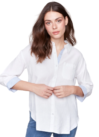 Linen Blend Drop Shoulder Shirt with Striped Cuffs