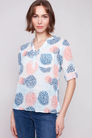 Printed Cotton Gauze Half-Button Blouse