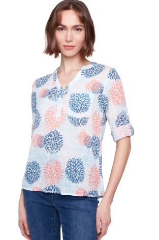 Printed Cotton Gauze Half-Button Blouse