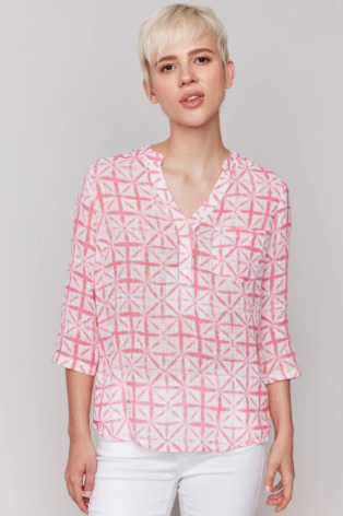 Printed Cotton Gauze Half-Button Blouse