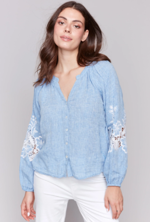 Cotton-Linen Button-Front Blouse with Embroidery
