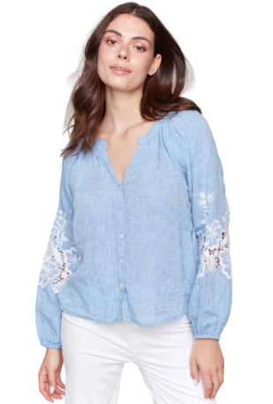 Cotton-Linen Button-Front Blouse with Embroidery