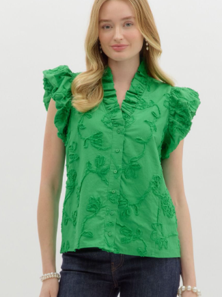 Solid cotton floral appliqué bubble flutter sleeve top