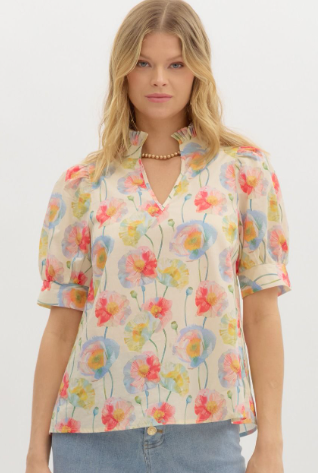 Floral print cuff band short puff sleeve pullover top