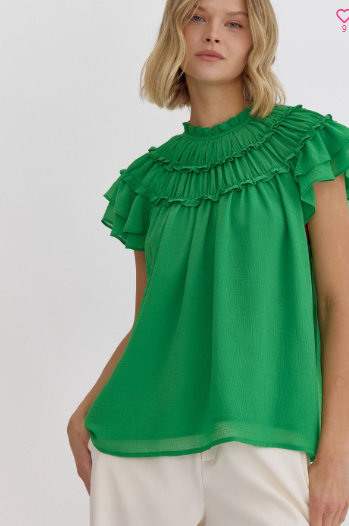 Solid chiffon mock-neck short sleeve top