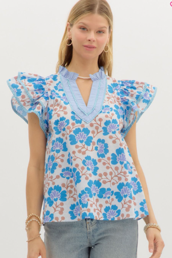 Floral print contrast accent binding finish tiered flutter sleeve pullover top