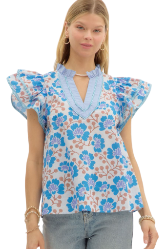 Floral print contrast accent binding finish tiered flutter sleeve pullover top