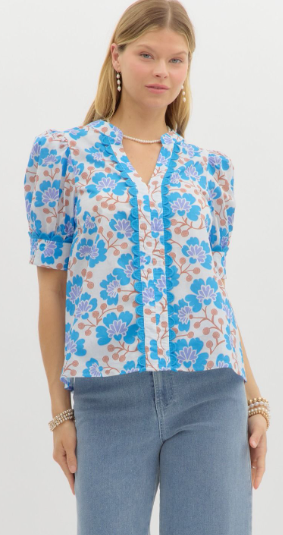 Floral print cuff band short puff sleeve split V-neck pullover top