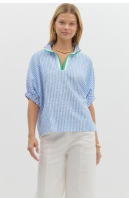 Stripe pattern high neck elasticated sleeve band dolman top