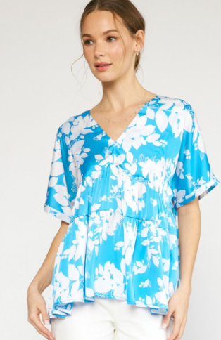 Satin floral print v-neck tiered top