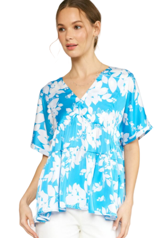 Satin floral print v-neck tiered top