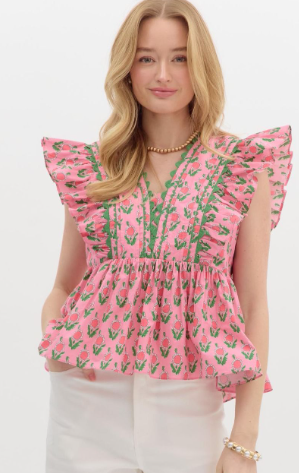 Floral print flutter sleeve v-neck top