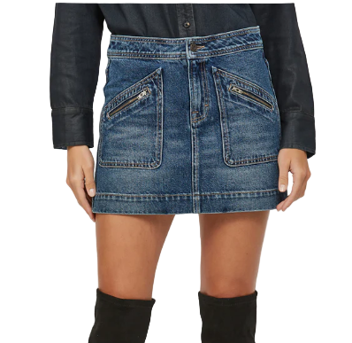 [PEYTON] DARK WASH FRONT PATCH ZIPPER POCKETS MID RISE SKIRT