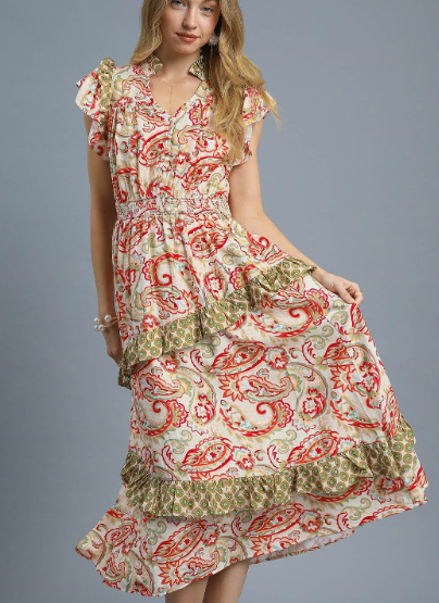 Ruffled Paisley Tiered Midi Dress