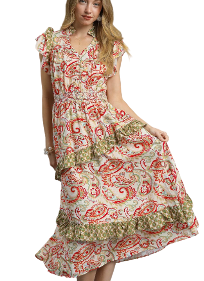 Ruffled Paisley Tiered Midi Dress
