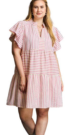 Striped Flutter Sleeve Babydoll Dress