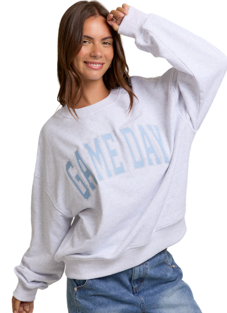 "GAME DAY "EMBO LONG SLEEVE CREW NECK OVERSIZED SWEATSHIRT
