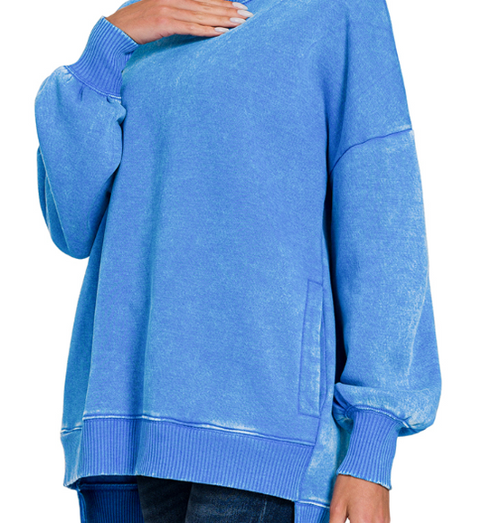 Acid wash fleece hi-low hem pullover