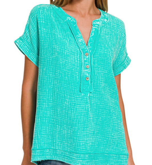 Washed double gauze 3/4 button henley neck shirt