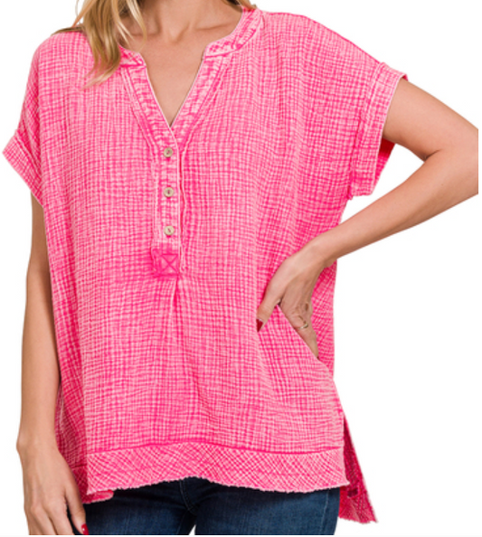 Washed double gauze 3/4 button henley neck shirt
