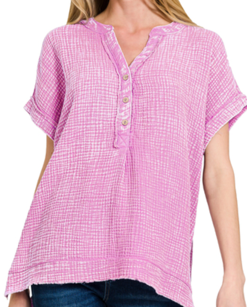 Washed double gauze 3/4 button henley neck shirt