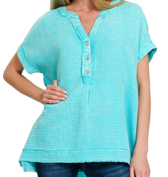 Washed double gauze 3/4 button henley neck shirt