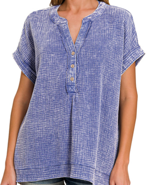 Washed double gauze 3/4 button henley neck shirt