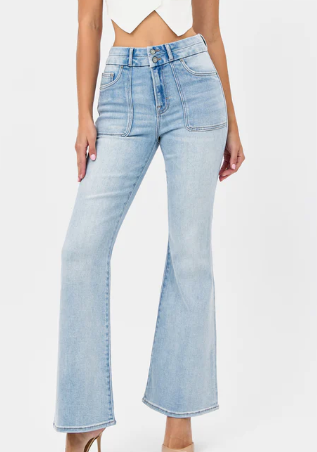 [HAPPI] LIGHT WASH DOUBLE WAISTBAND UTILITY POCKET FLARE