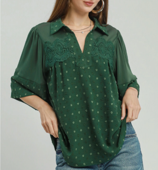 Green Lace Detail Collared Blouse