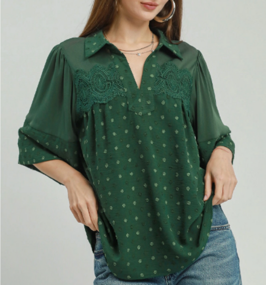 Green Lace Detail Collared Blouse