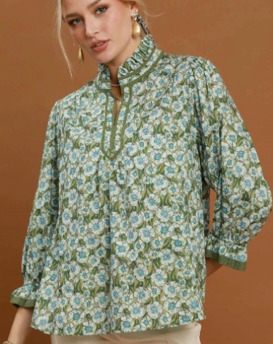 Olive Floral Print Mock Neck Top