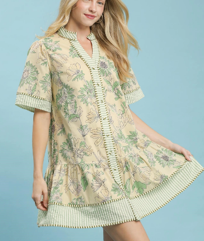 Sage Floral Border Print Dress