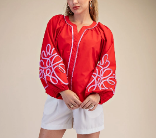 Embroidered Puff Sleeve Split Neck Blouse
