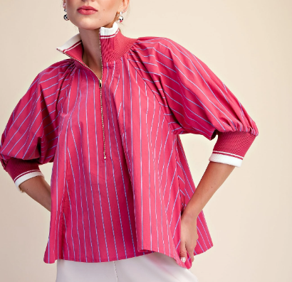 Striped Zip Neck Puff Sleeve Blouse