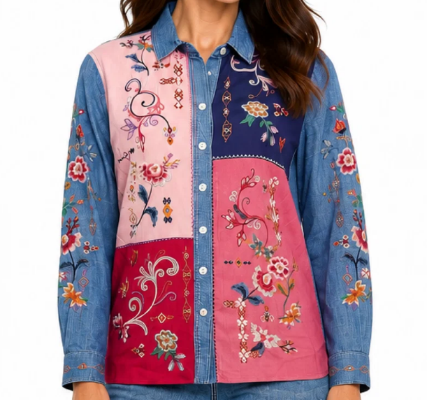 Embroidered Patchwork Denim Blouse