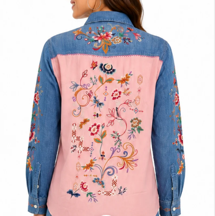 Embroidered Patchwork Denim Blouse
