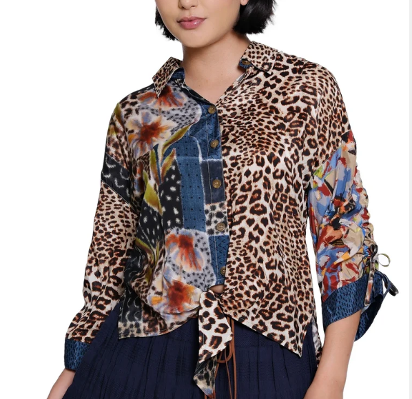 Leopard & Floral Tie-Front Blouse